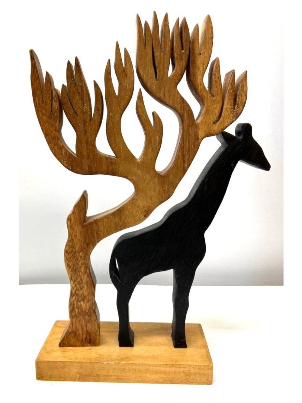 Hand-Carved Wooden Giraffe & Tree Figurine